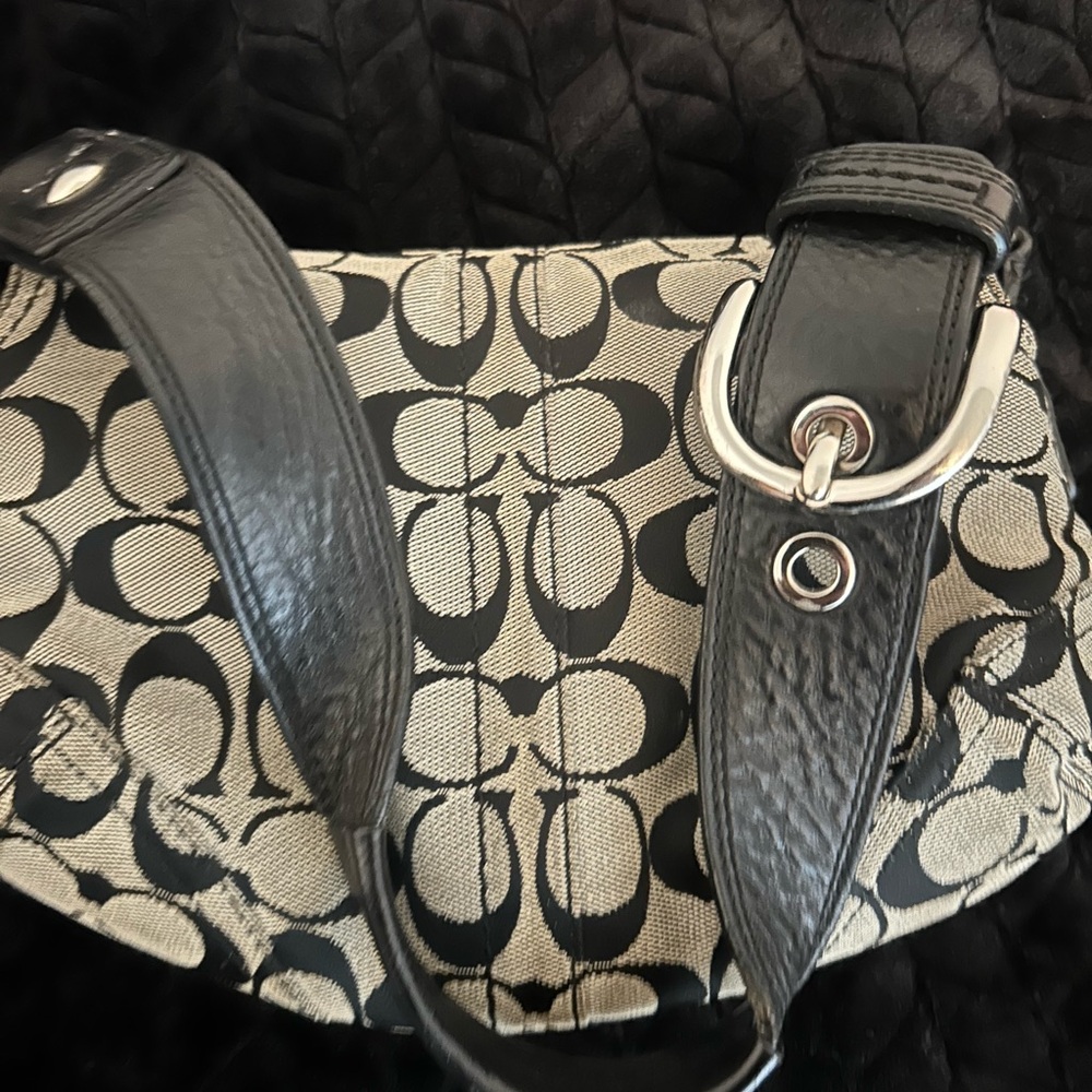 Coach Black & Khaki Signature Canvas Shoulder Bag with Buckle Accent - Picture 3 of 6